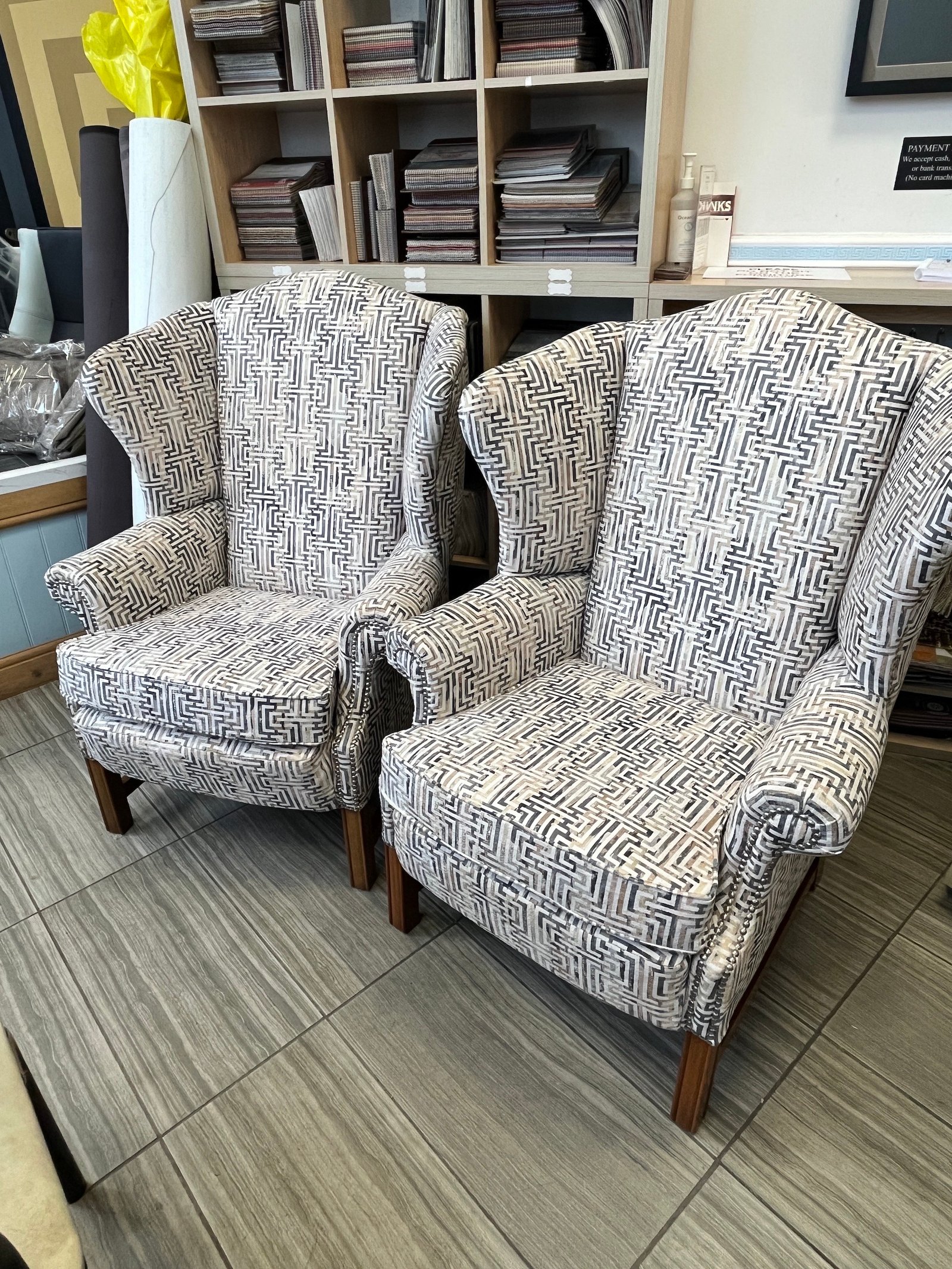Pair of high-back patterned armchairs