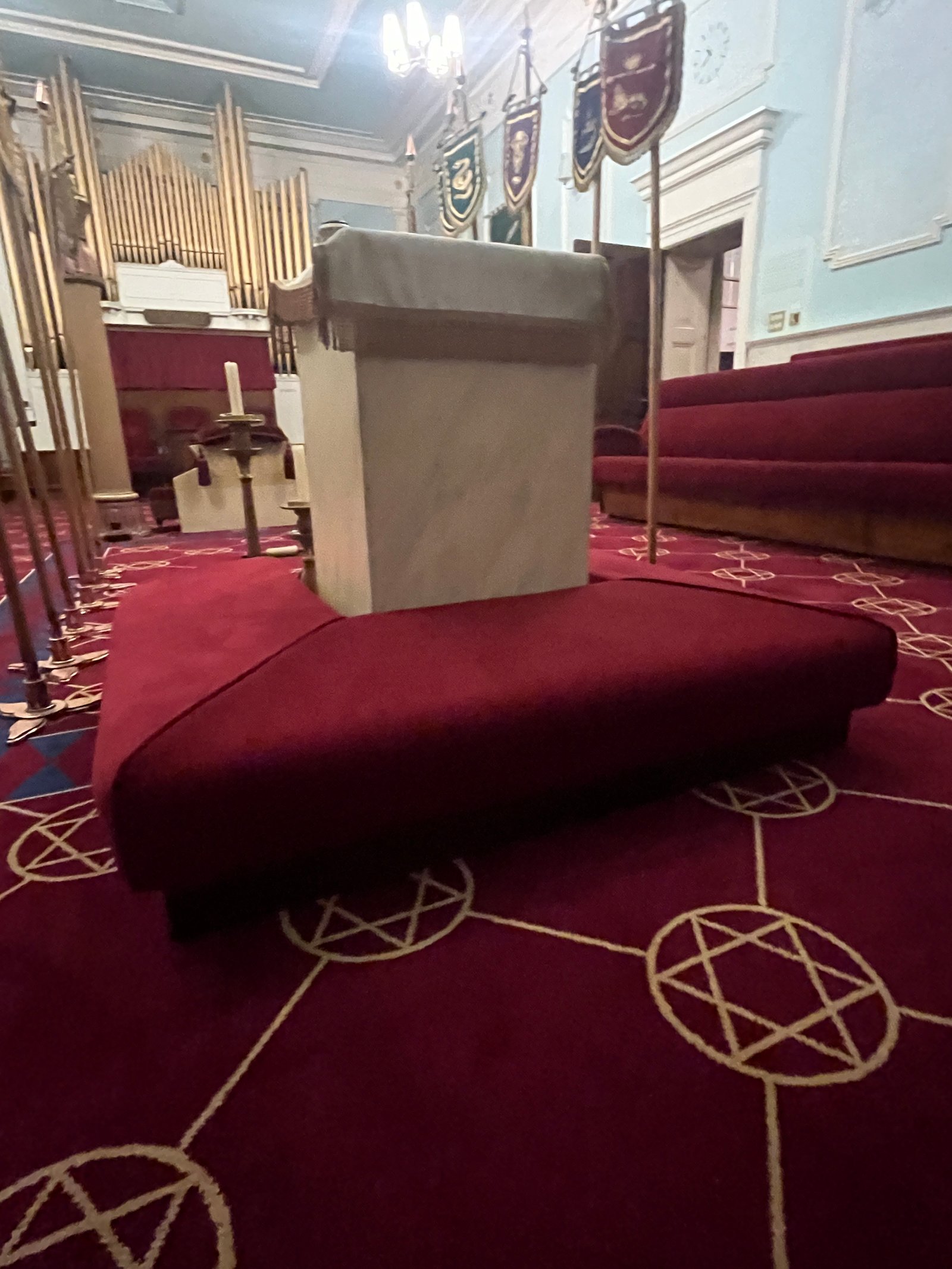 Church kneeler or prayer rail cushion close-up