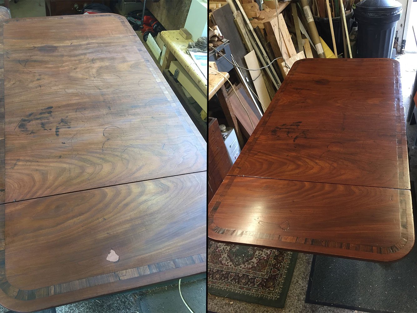 Table top before and after sanding and polishing